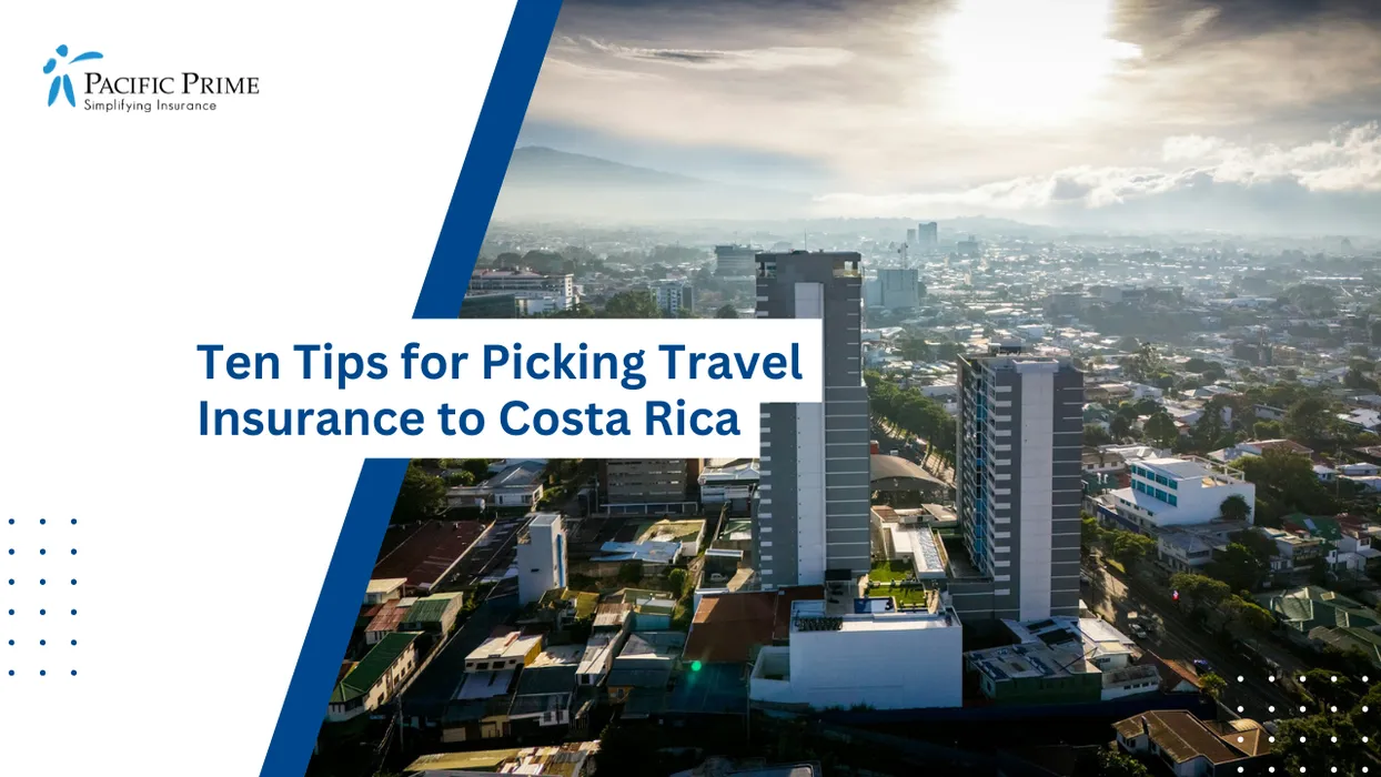 Image of Morning Aerial View Of San Jos&eacute; Showcasing City Streets And Surrounding Green Hills with text overlay of "Ten Tips for Picking Travel Insurance to Costa Rica"