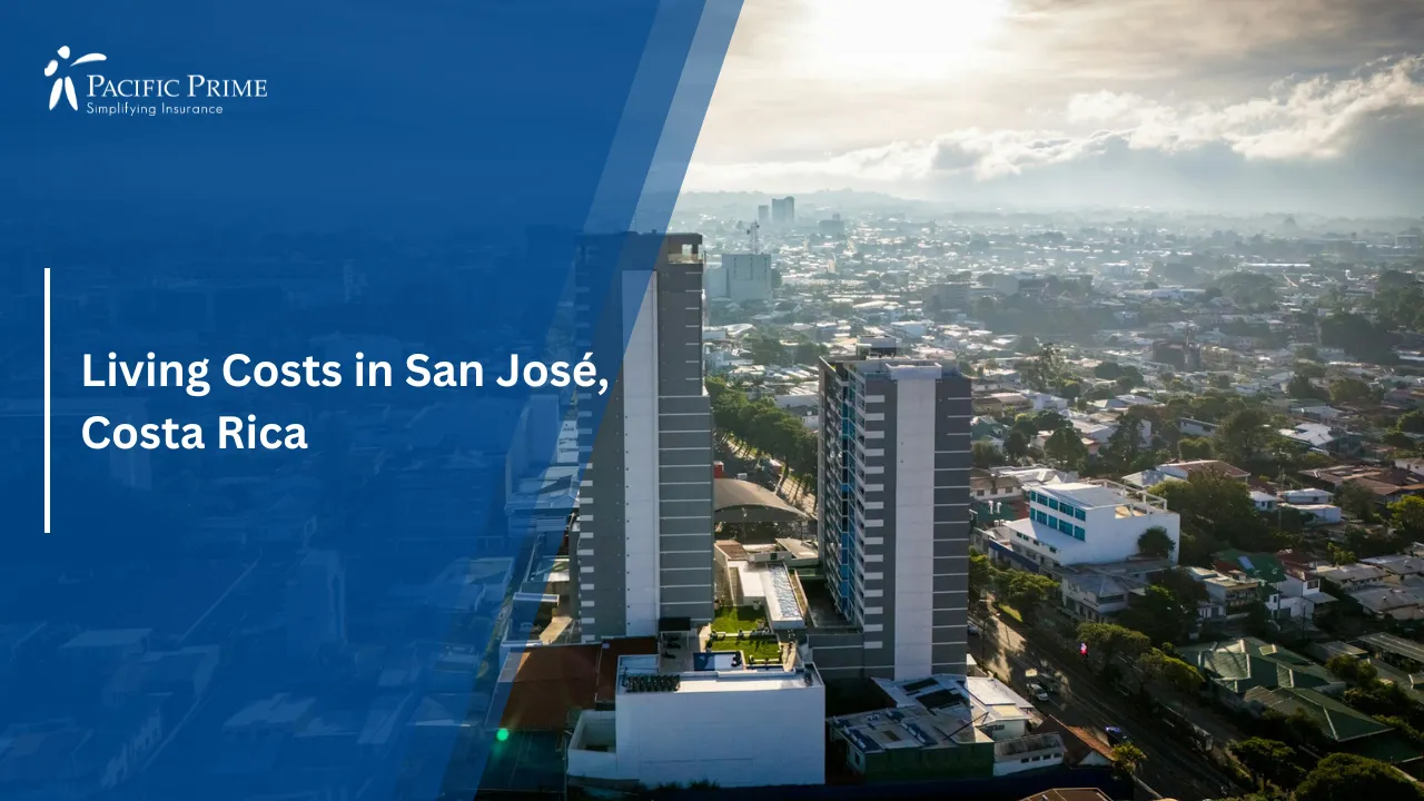 Image of Morning Aerial View Of San José Skyline With Tall Buildings with text overlay of "Living Costs in San José, Costa Rica"