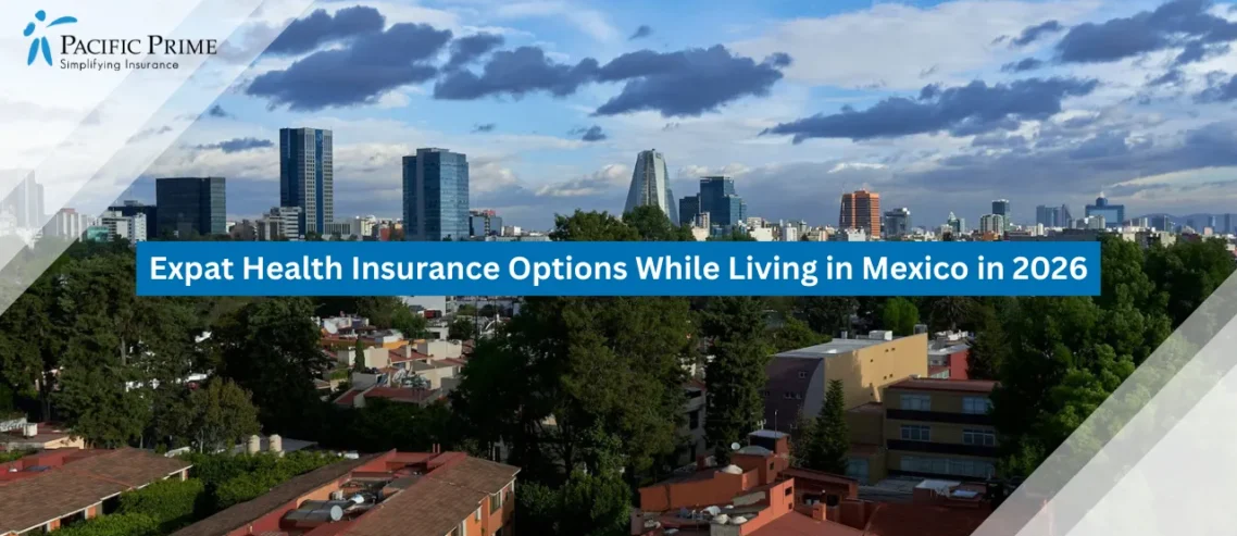 Image of Morning Skyline View From Viveros De Coyoacán Toward Insurgentes Sur with text overlay of "Expat Health Insurance Options While Living in Mexico in 2026"