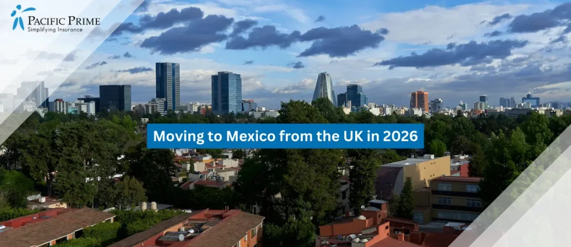 Image of Morning View From Coyoacán Park Toward Insurgentes Sur Buildings In Mexico City with text overlay of "Moving to Mexico from the UK in 2026"