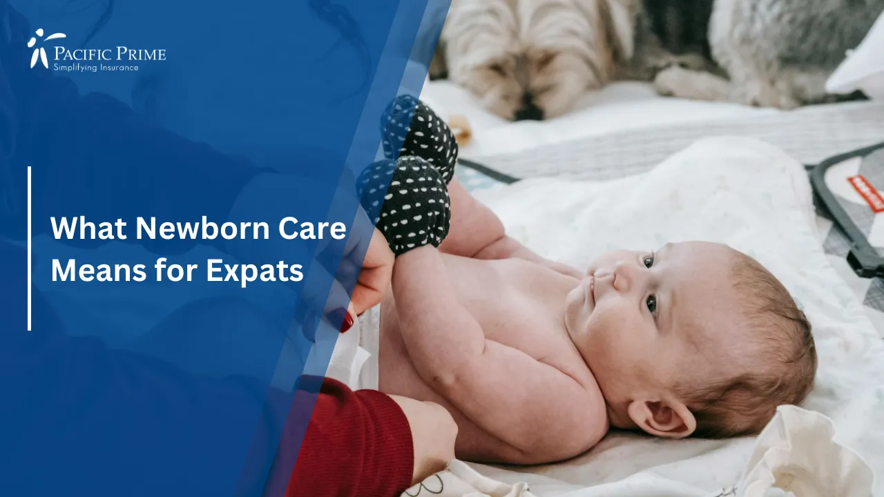 Image of Mother Changing Diaper Of Newborn Baby Without Showing Face with text overlay of "What Newborn Care Means for Expats"