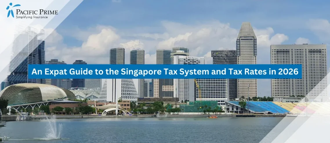 Image of Mother Holding Newborn With Singapore Skyline And High-rise Buildings In Background with text overlay of "An Expat Guide to the Singapore Tax System and Tax Rates in 2026"