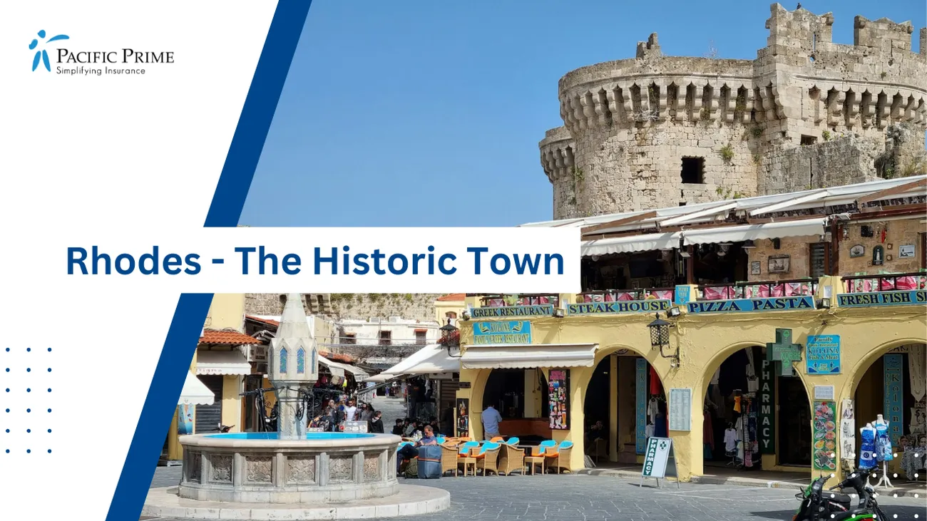 Image of Motorcycle Parked Before Historic Building In Rhodes, Greece with text overlay of "Rhodes - The Historic Town"
