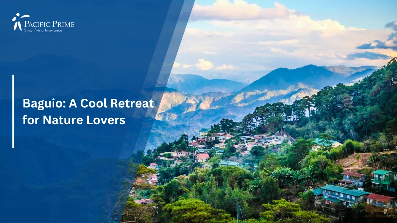 Image of Mountain Town View Of Baguio In Benguet, Philippines During Daytime with text overlay of "Baguio: A Cool Retreat for Nature Lovers"