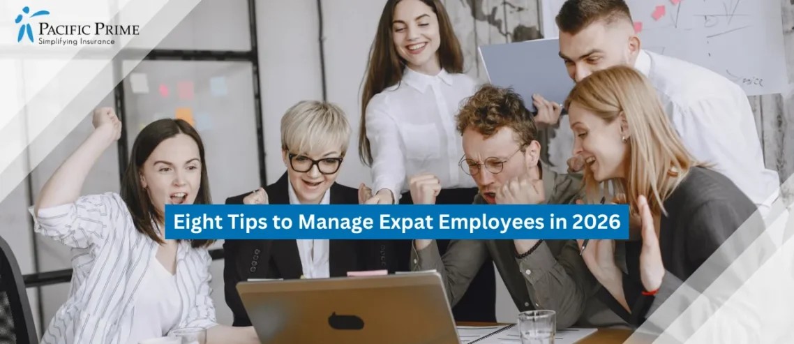 Image of Multicultural Office Team Celebrating A Shared Achievement Together with text overlay of "Eight Tips to Manage Expat Employees in 2026"