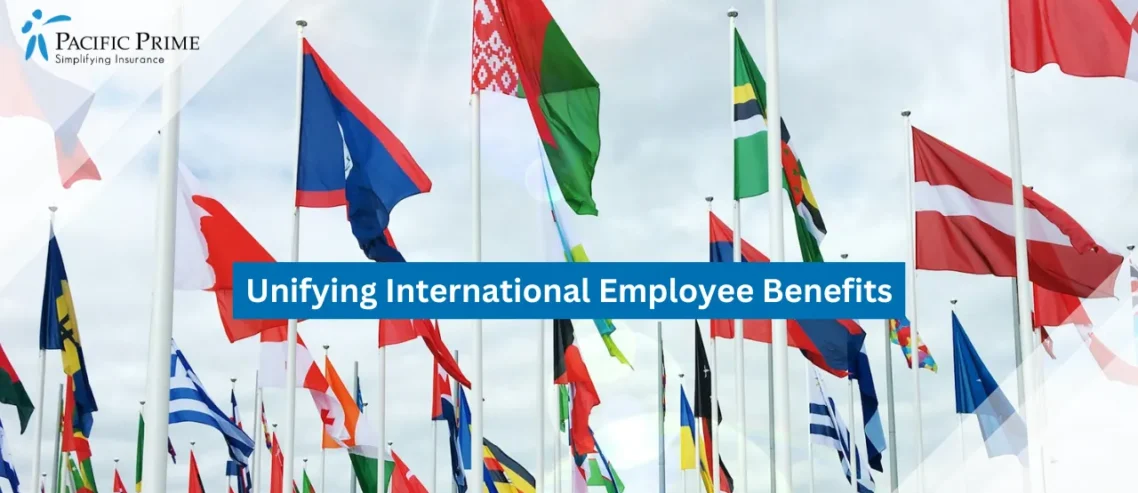 Image of Multiple National Flags Waving Outdoors In The Wind with text overlay of "Unifying International Employee Benefits"