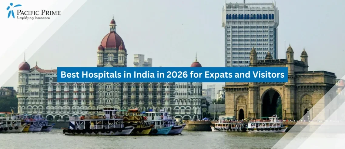 Image of Mumbai Waterfront Landmark With Boats And Coastal Buildings Nearby with text overlay of "Best Hospitals in India in 2026 for Expats and Visitors"