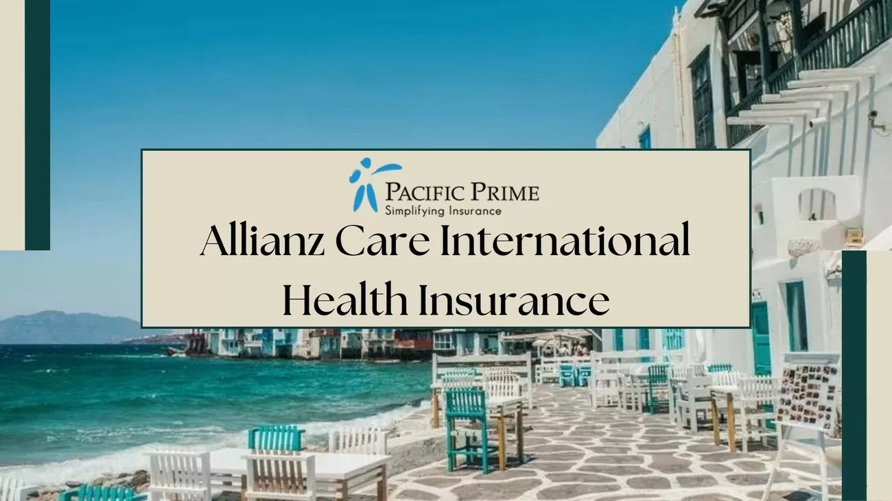Image of Mykonos Seaside Buildings In Greece with text overlay of "Allianz Care International Health Insurance"