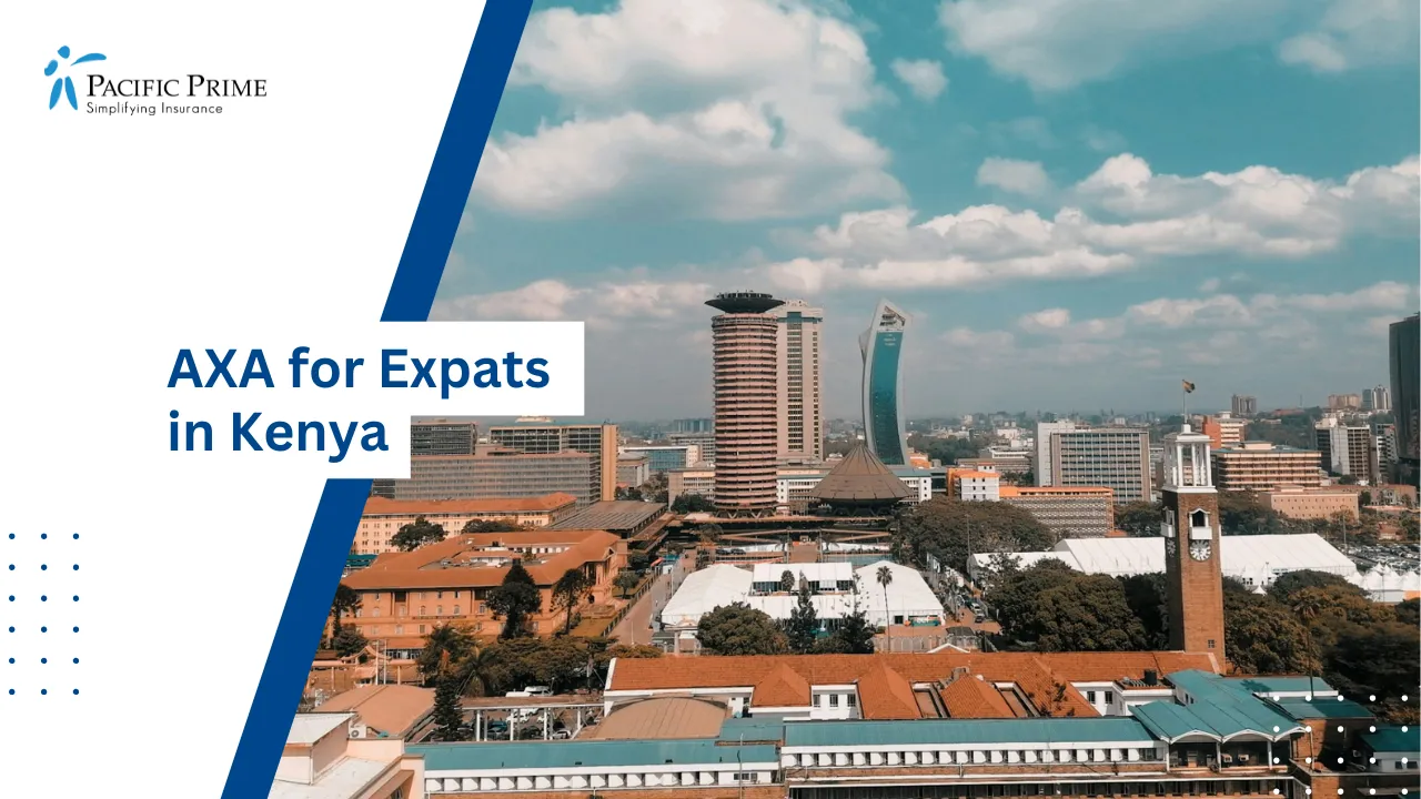 Image of Nairobi City Skyline Showcasing Modern Architecture And Urban Landscape with text overlay of "AXA for Expats in Kenya"