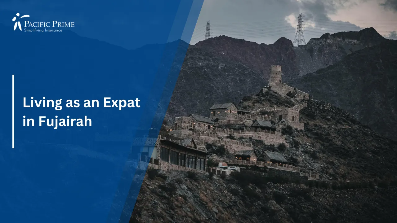Image of Najd Al Maqsar Heritage Village With Traditional Stone Houses In Fujairah with text overlay of "Living as an Expat in Fujairah"