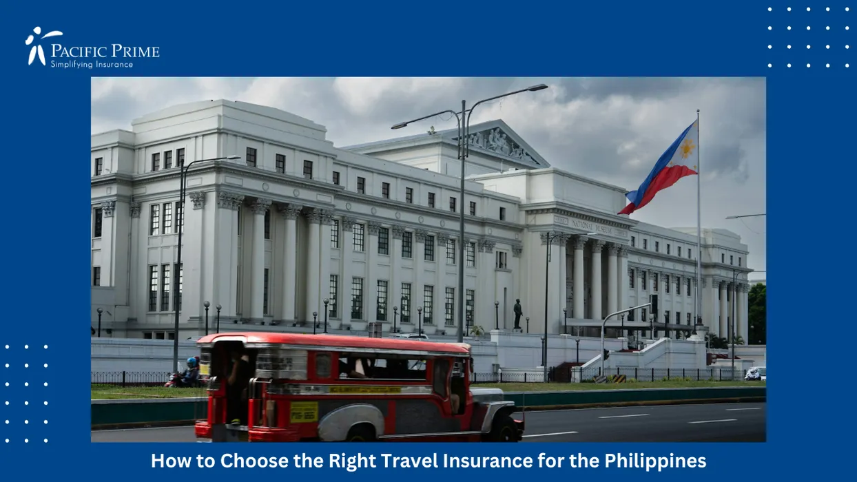Image of National Museum Of Fine Arts Facade In Central Manila, Philippines with text overlay of "How to Choose the Right Travel Insurance for the Philippines"