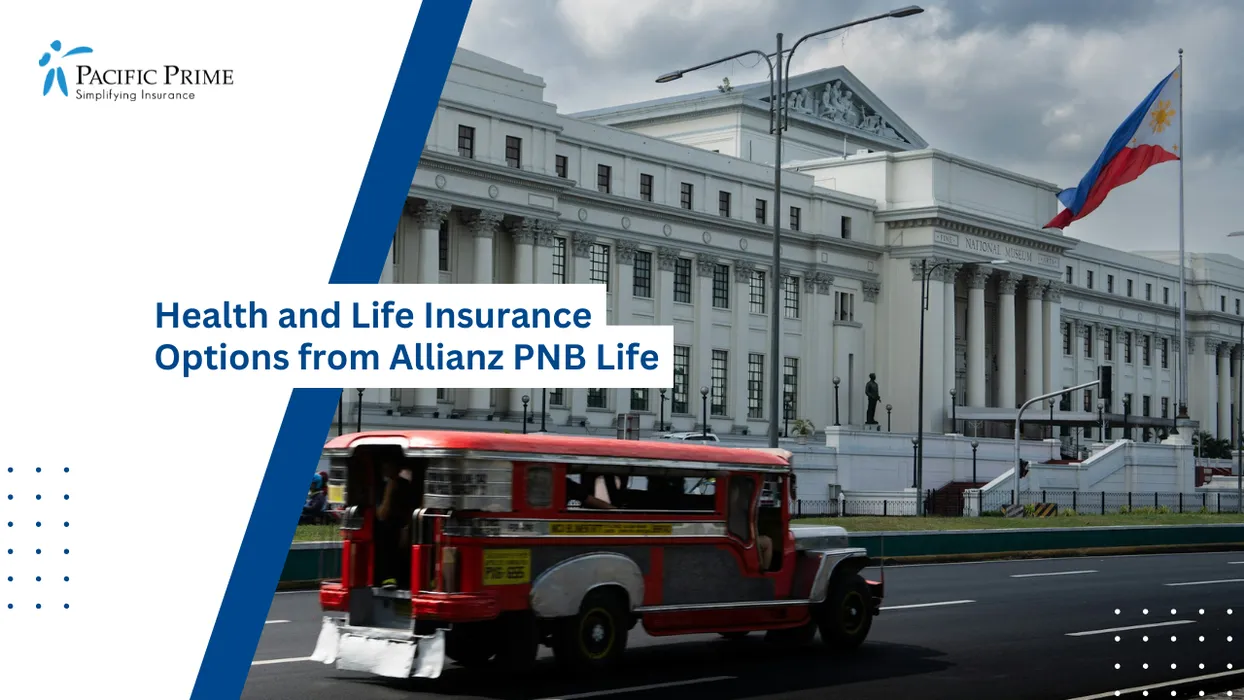 Image of National Museum Of Fine Arts Façade In Central Manila with text overlay of "Health and Life Insurance Options from Allianz PNB Life"