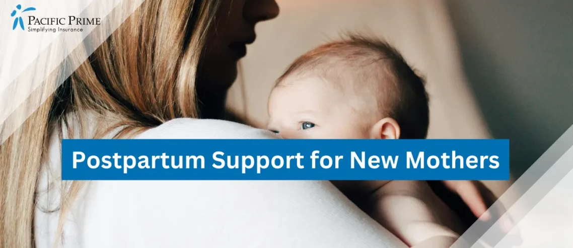 Image of New Mother In White Shirt Holding Baby with text overlay of "Postpartum Support for New Mothers"