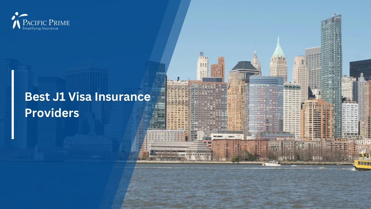 Image of New York City Skyline From The Hudson River On A Clear Day with text overlay of "Best J1 Visa Insurance Providers"