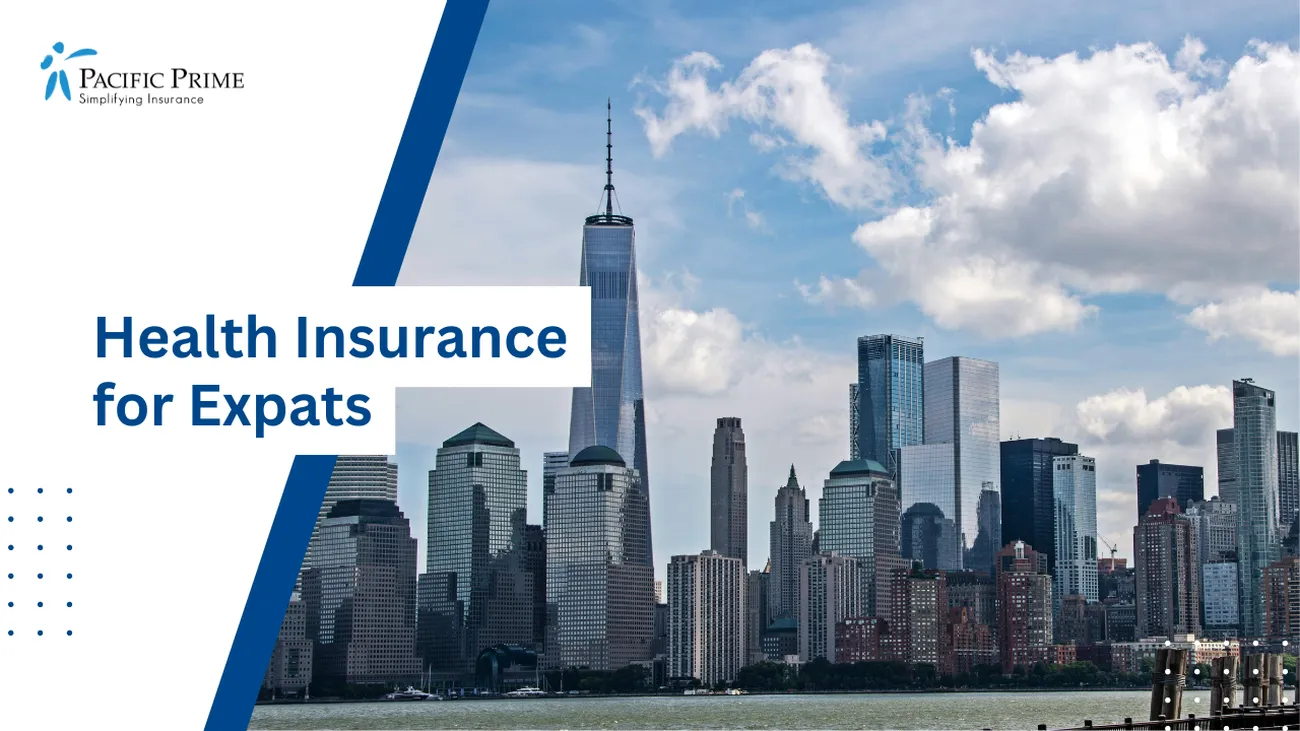 Image of New York City skyline, NY, USA with text overlay of "Health Insurance for Expats"