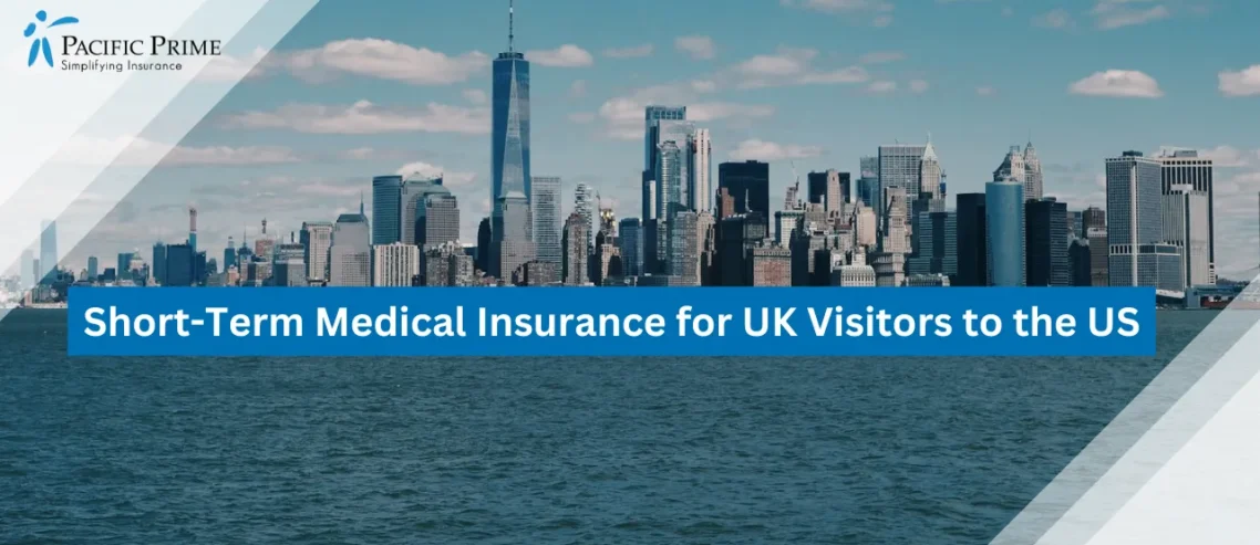 Image of New York City Skyline With Modern Skyscrapers with text overlay of "Short-Term Medical Insurance for UK Visitors to the US"