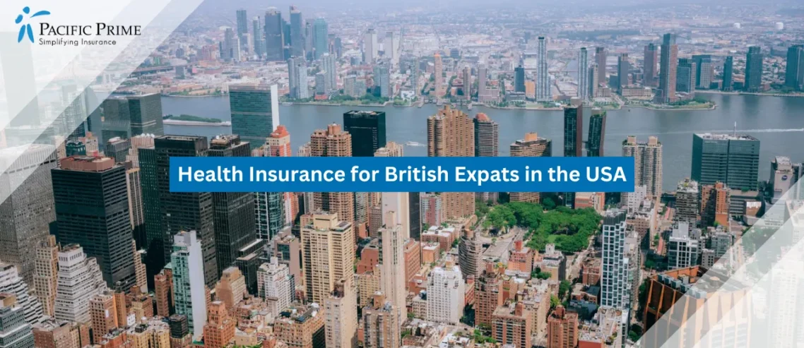 Image of New York City Skyline With Tall Skyscrapers In Downtown USA with text overlay of "Health Insurance for British Expats in the USA"