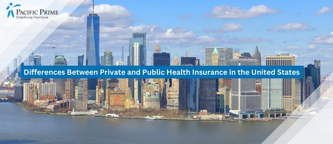Image of New York City Skyline With Tall Skyscrapers On A Bright Sunny Day with text overlay of "Differences Between Private and Public Health Insurance in the United States"
