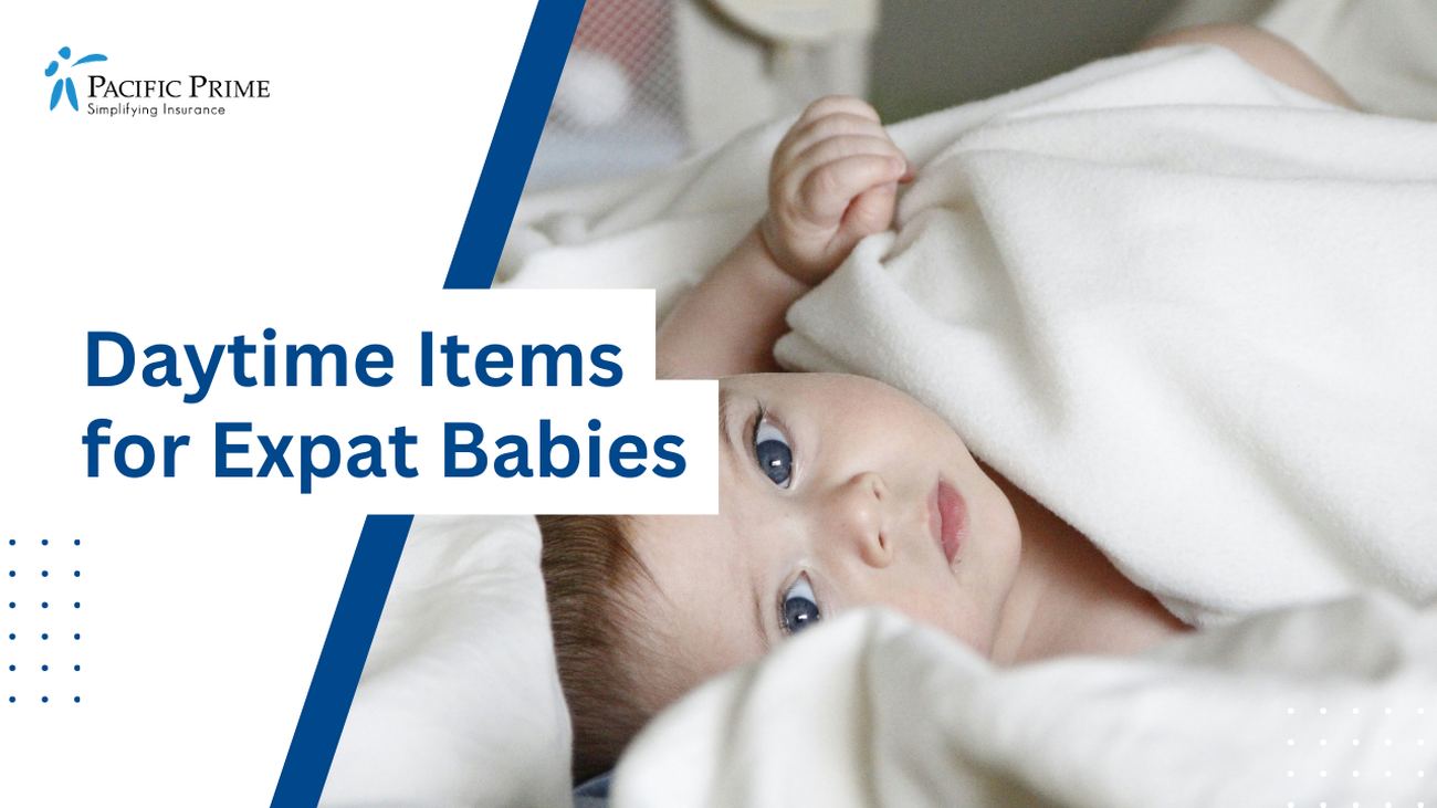 Image of a Newborn In Bassinet - Crucial Item For Expat Baby Prep with text overlay of "Daytime Items for Expat Babies"