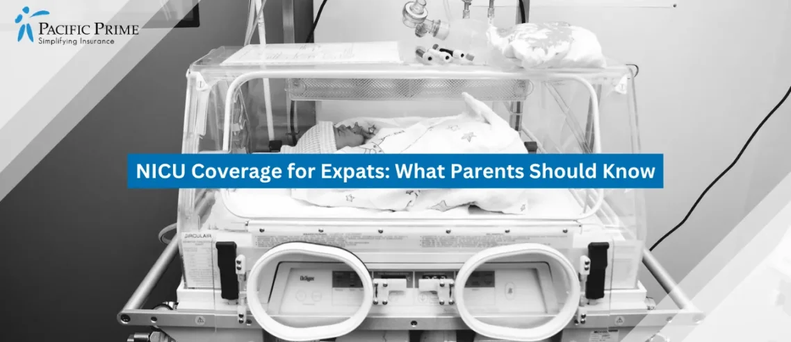 Image of Newborn Resting Inside Neonatal Medical Equipment In A Monochrome Setting with text overlay of "NICU Coverage for Expats: What Parents Should Know"