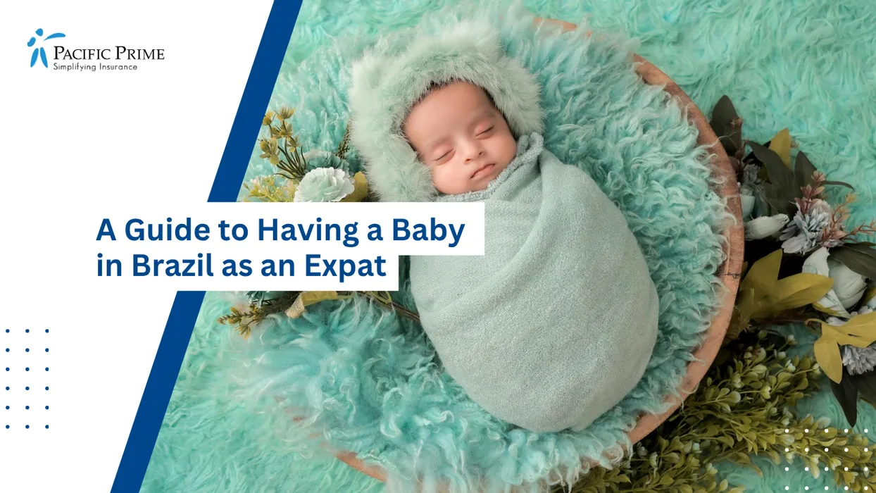 Image of Newborn Sleeping In Mint Swaddle With Delicate Floral Surroundings with text overlay of "A Guide to Having a Baby in Brazil as an Expat"