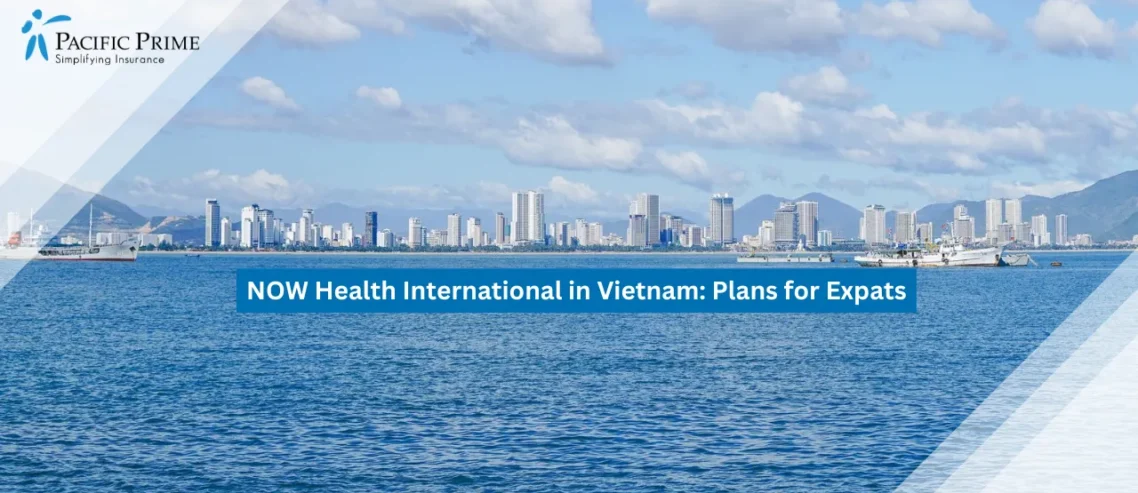 Image of Nha Trang Skyline Bordering The Clear Blue Waters Of Khanh Hoa Bay with text overlay of "NOW Health International in Vietnam: Plans for Expats"