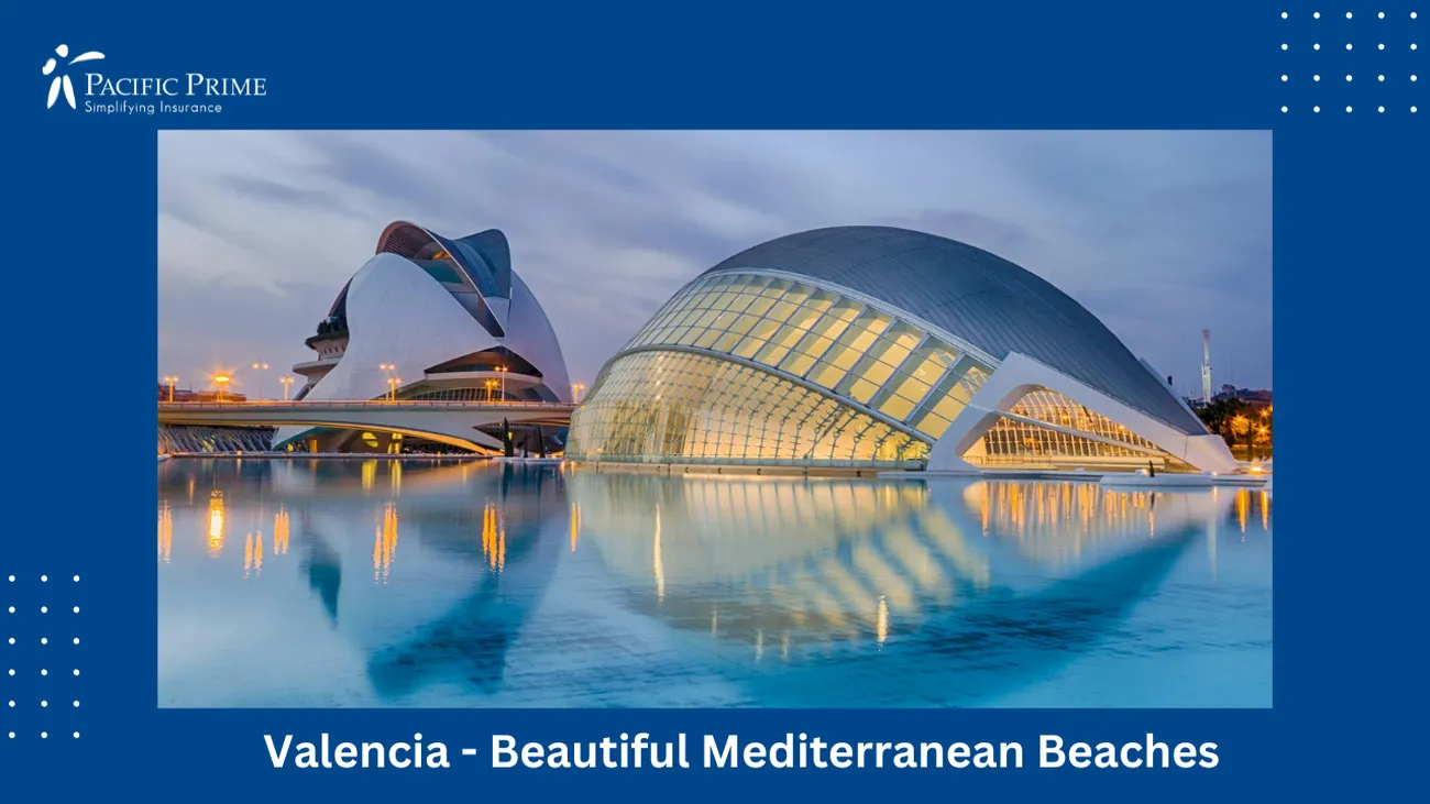 Image of Night Cityscape Of Valencia Reflecting On The Sea with text overlay of "Valencia - Beautiful Mediterranean Beaches"