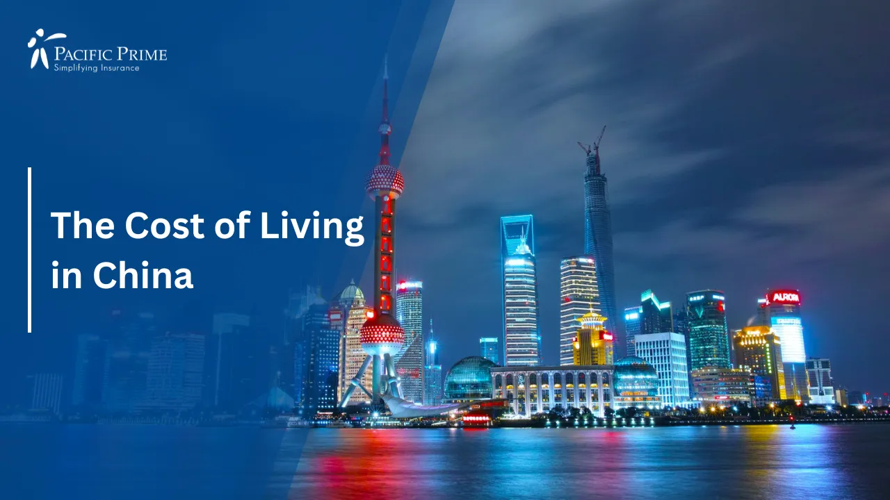 Image of Night Cityscape With Illuminated Skyline At The Bund In Shanghai with text overlay of "The Cost of Living in China"