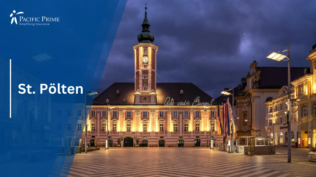 Image of Night View Of A Clock Tower Building In St. Pölten, Austria with text overlay of "St. Pölten"