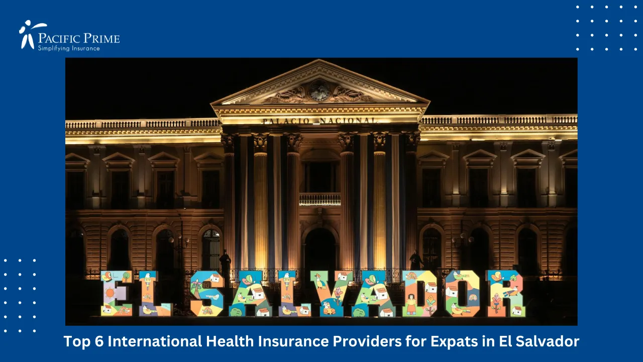 Image of Night View Of The Illuminated National Palace, San Salvador with text overlay of "Top 6 International Health Insurance Providers for Expats in El Salvador"