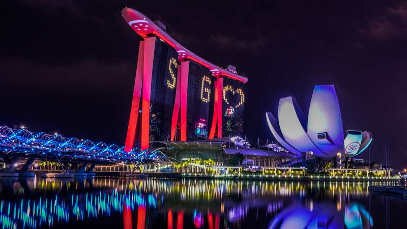 Nighttime Waterfront Red-White Building, Singapore