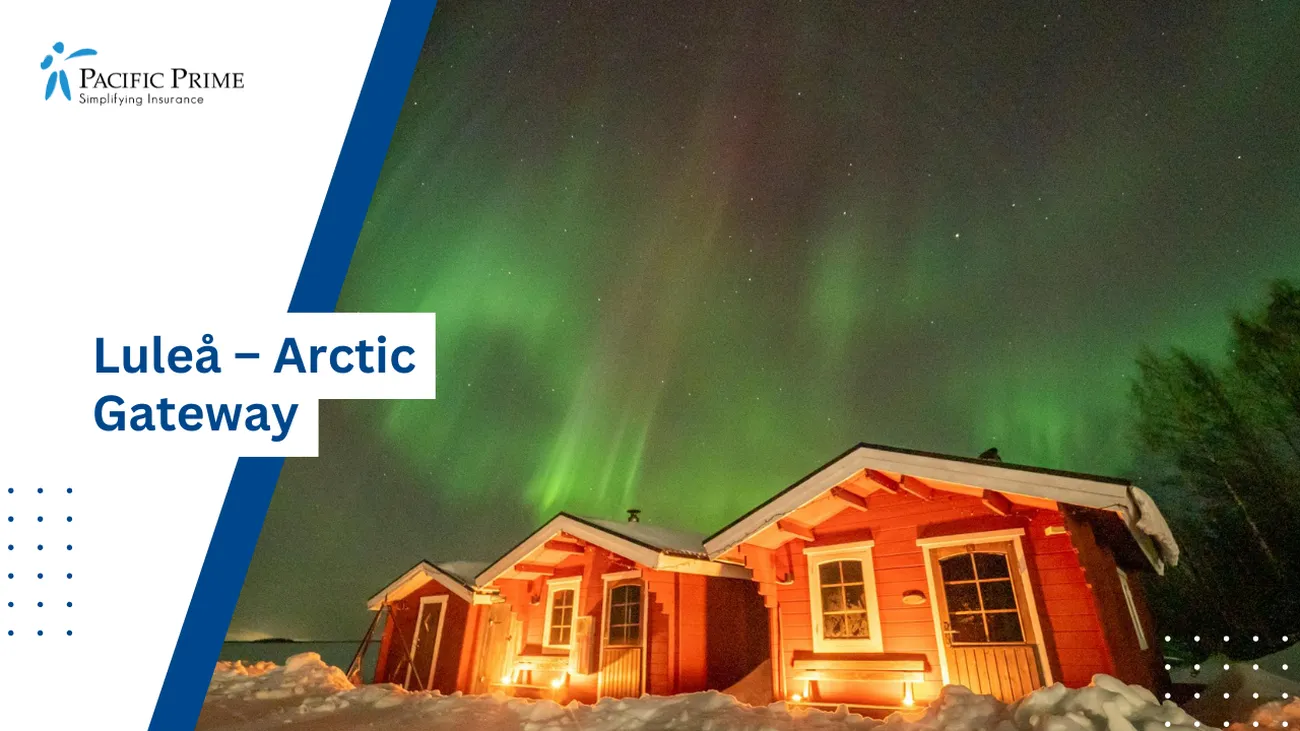 Image of Northern Lights Over Luleå In Swedish Lapland, Norrbotten, Sweden with text overlay of "Luleå – Arctic Gateway"