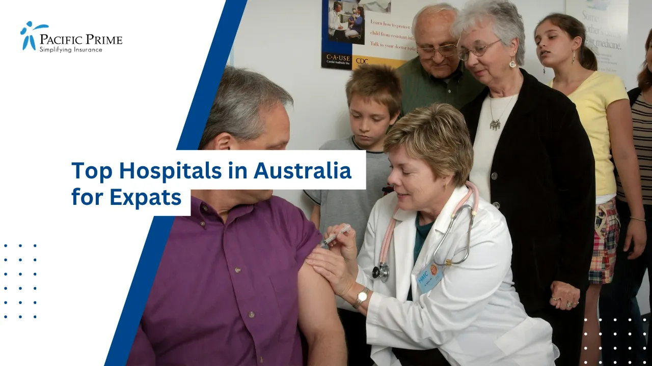 Image of Nurse Administering A Shoulder Injection As The Patient’s Family Watches Nearby with text overlay of "Top Hospitals in Australia for Expats"