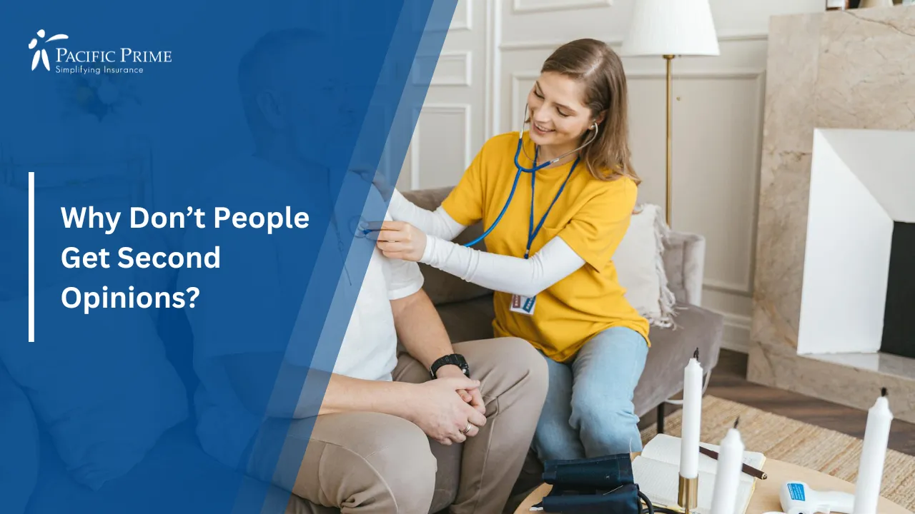 Image of Nurse Checking Senior With Stethoscope During A Home Visit with text overlay of "Why Don’t People Get Second Opinions?"