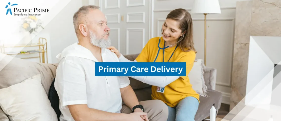 Image of Nurse Using Stethoscope During Home Visit In A Cozy Living Room with text overlay of "Primary Care Delivery"