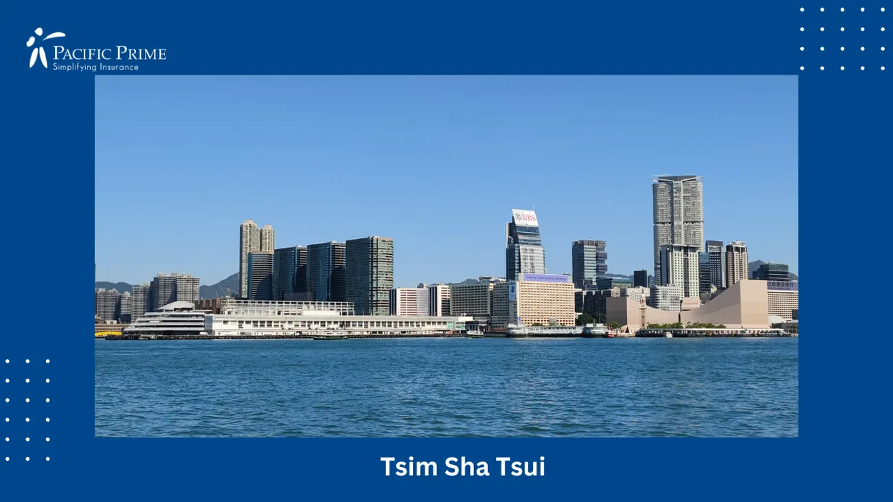 Image of Ocean Terminal In Tsim Sha Tsui With Waterfront And Urban Skyline with text overlay of "Tsim Sha Tsui"