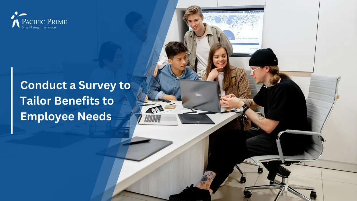 Image of Office Staff Engaged In A Workplace Discussion During A Collaborative Planning Session with text overlay of "Conduct a Survey to Tailor Benefits to Employee Needs"