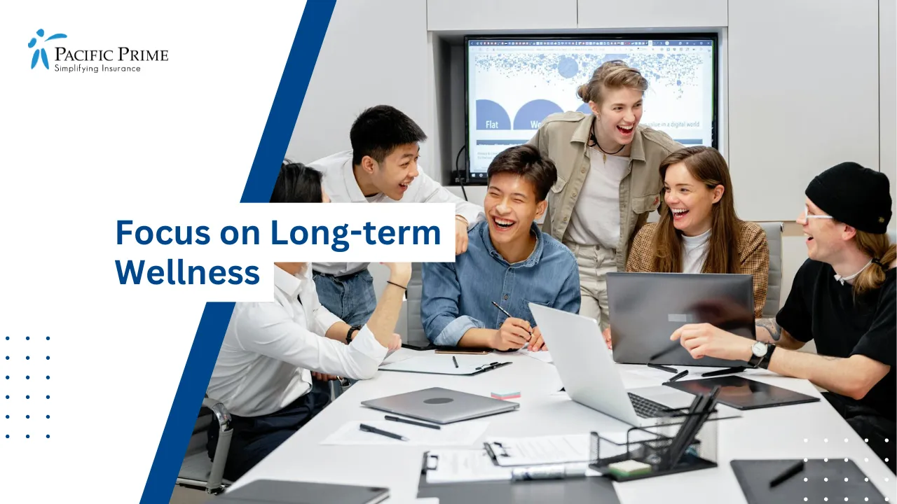 Image of Office Team Seated Together At A Meeting Table with text overlay of "Focus on Long-term Wellness"
