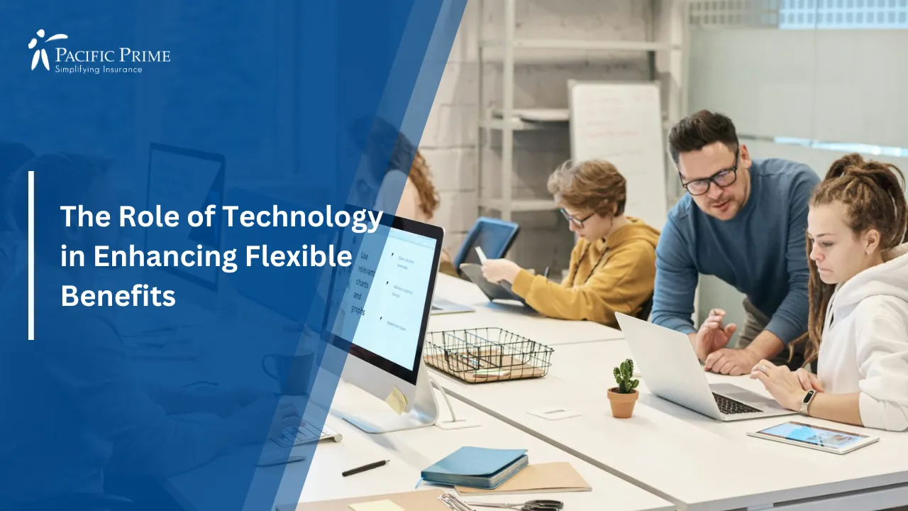 Image of Office Team Working Together On Computers To Enhance Collaboration with text overlay of "The Role of Technology in Enhancing Flexible Benefits"