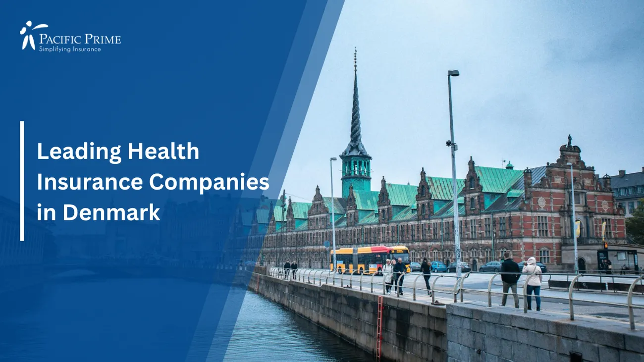 Image of Old Cathedral Beside The Water Canal In Copenhagen, Denmark with text overlay of "Leading Health Insurance Companies in Denmark"