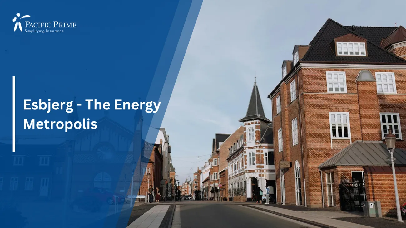 Image of Old Town Street And Square Scene In Esbjerg, Denmark with text overlay of "Esbjerg - The Energy Metropolis"