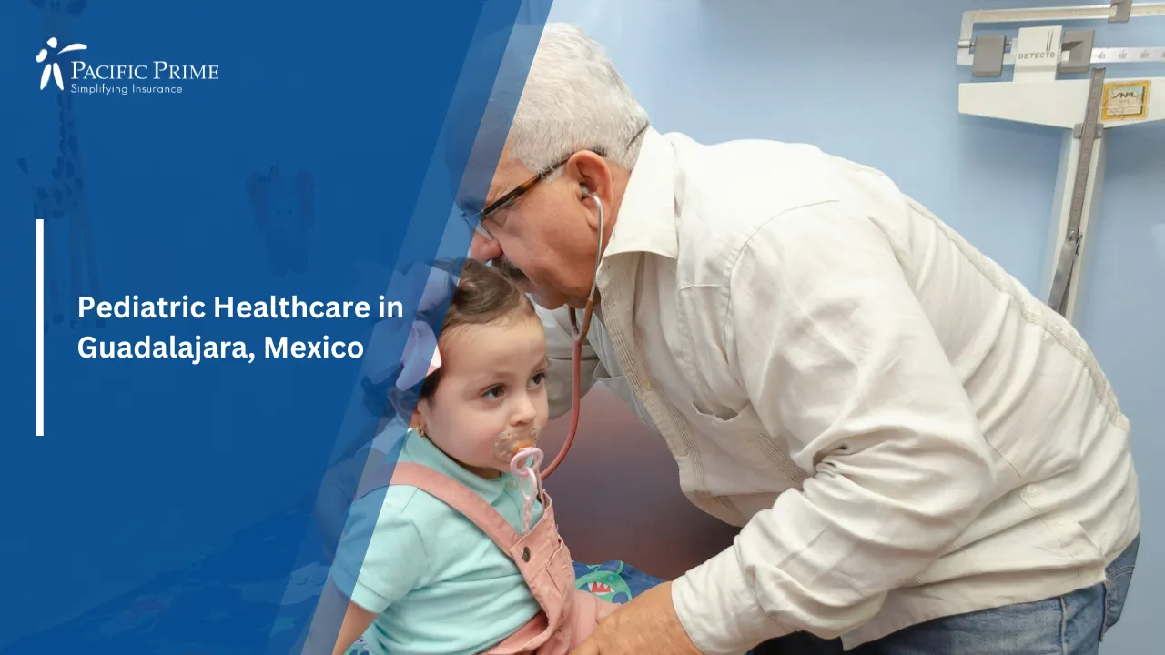 Image of Older Man Comforting A Young Girl Resting In A Hospital Bed with text overlay of "Pediatric Healthcare in Guadalajara, Mexico"