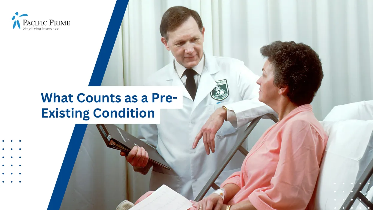 Image of Oncology Doctor Consulting Female Patient Seated Upright In Hospital Bed with text overlay of "What Counts as a Pre-Existing Condition"