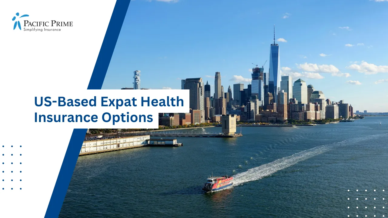 Image of One World Trade Center And Manhattan Skyscrapers In Downtown NYC with text overlay of "US-Based Expat Health Insurance Options"