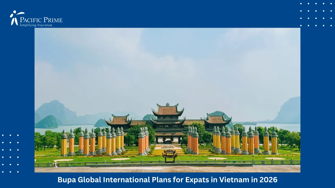 Image of Ornate Pillars At Tam Chuc Pagoda Framed By Ninh Binh’s Scenic Landscape with text overlay of "Bupa Global International Plans for Expats in Vietnam in 2026"