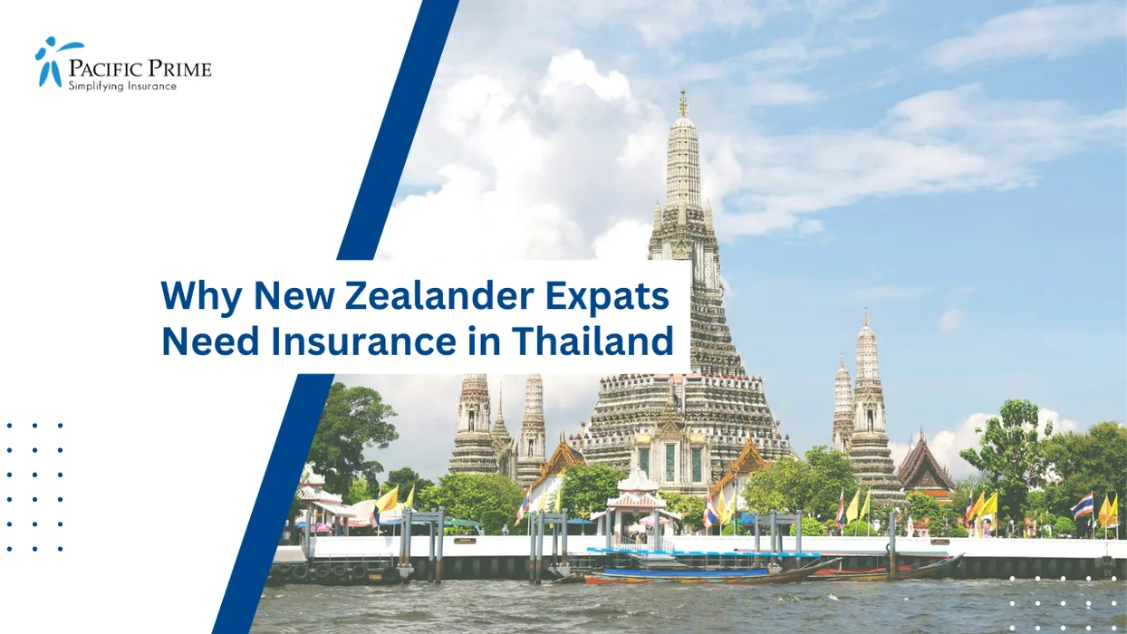 Image of Ornate Riverside Temple Spires In Bangkok’s Phra Nakhon District with text overlay of "Why New Zealander Expats Need Insurance in Thailand"