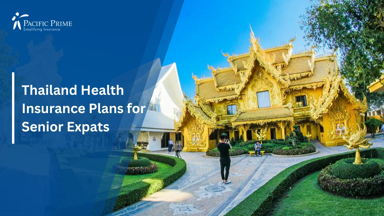 Image of Ornate Temple Structures In Chiang Rai Under A Clear Sky with text overlay of "Thailand Health Insurance Plans for Senior Expats"