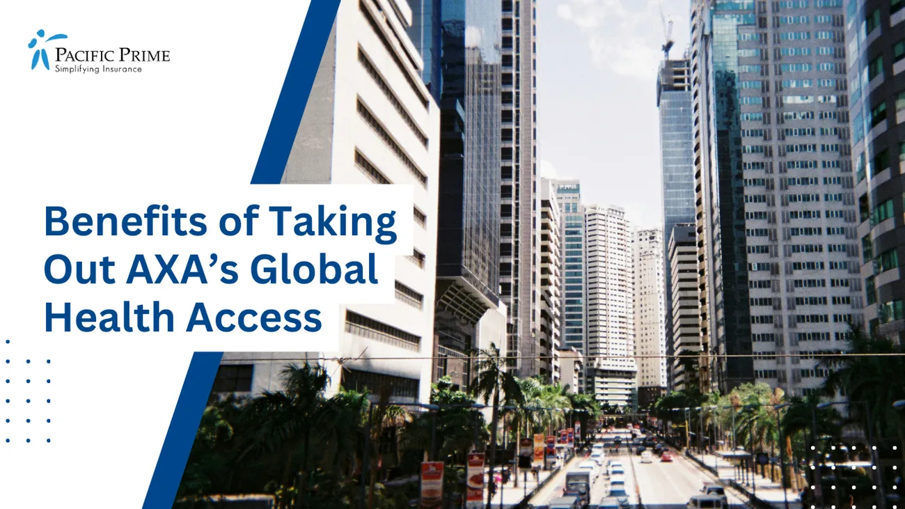 Image of Ortigas Center Skyline, Pasig, Metro Manila, Philippines with text overlay of "Benefits of Taking Out AXA’s Global Health Access"