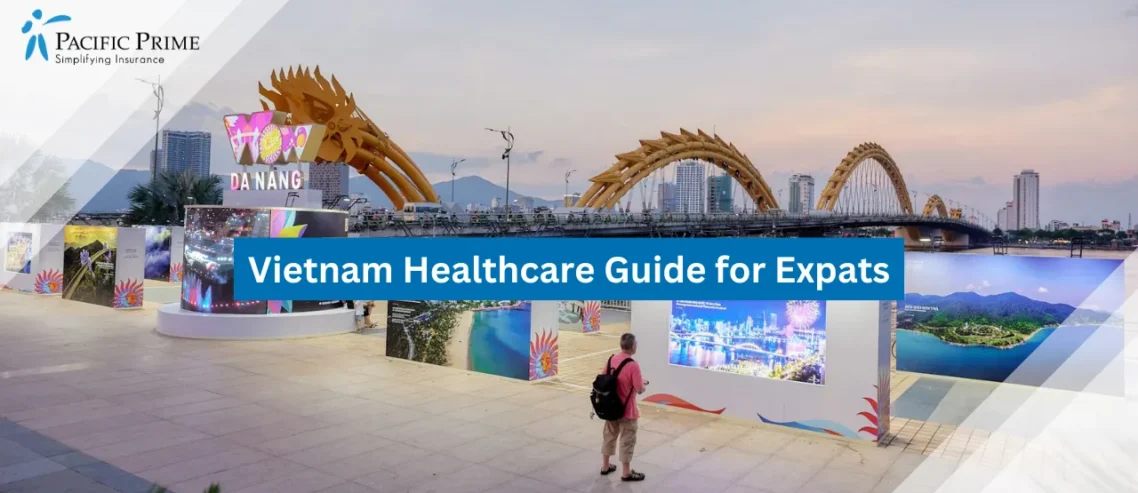 Image of Outdoor Art Gallery Along Han River In Danang City, Vietnam with text overlay of "Vietnam Healthcare Guide for Expats"