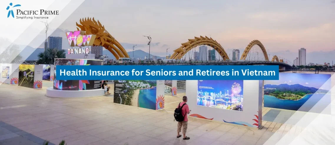 Image of Outdoor Art Gallery Beside The Han River In Da Nang, Vietnam with text overlay of "Health Insurance for Seniors and Retirees in Vietnam"